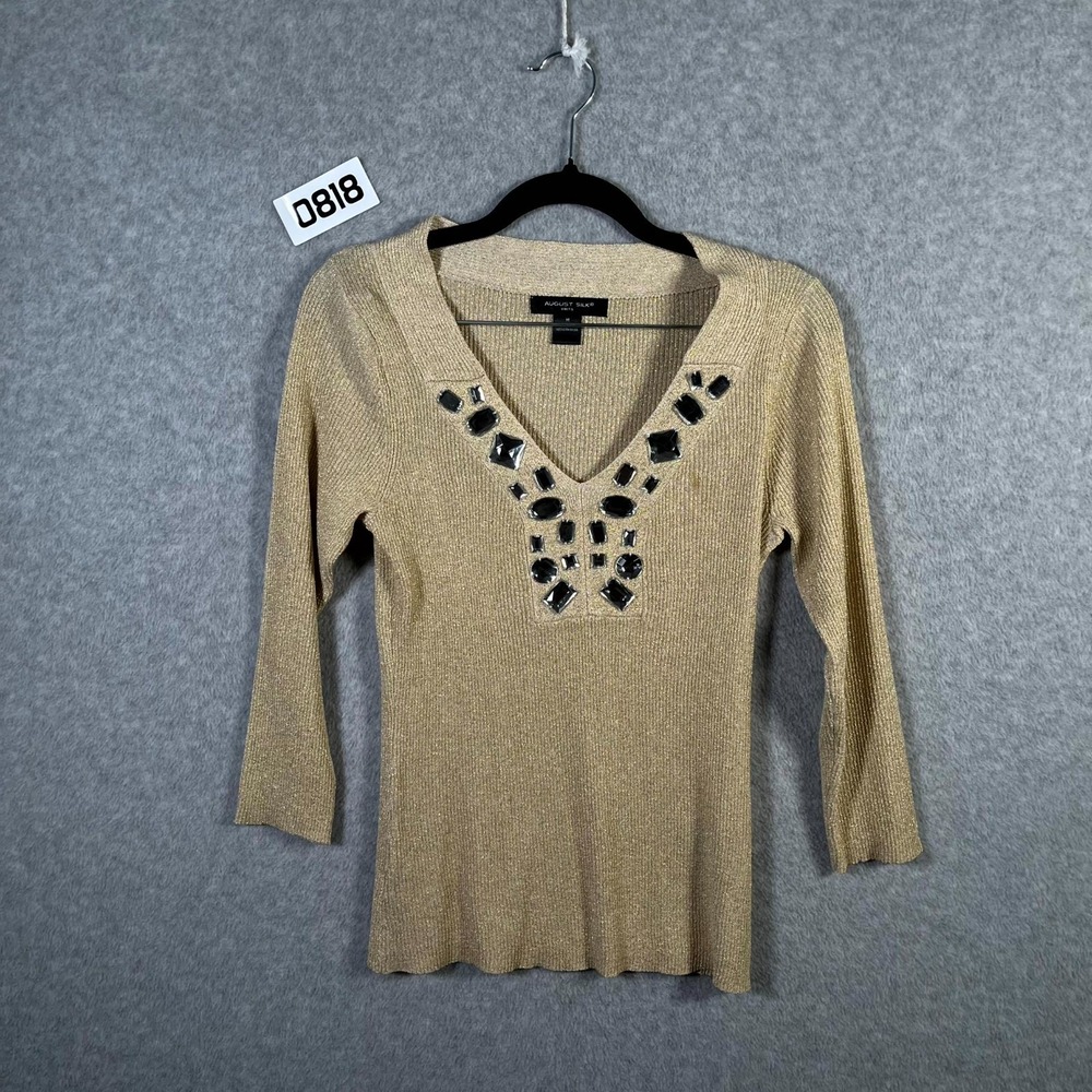 August Silk Sweater Womens Medium Viscose‎ Gem Beaded Cropped V Neck 3/4 Sleeve